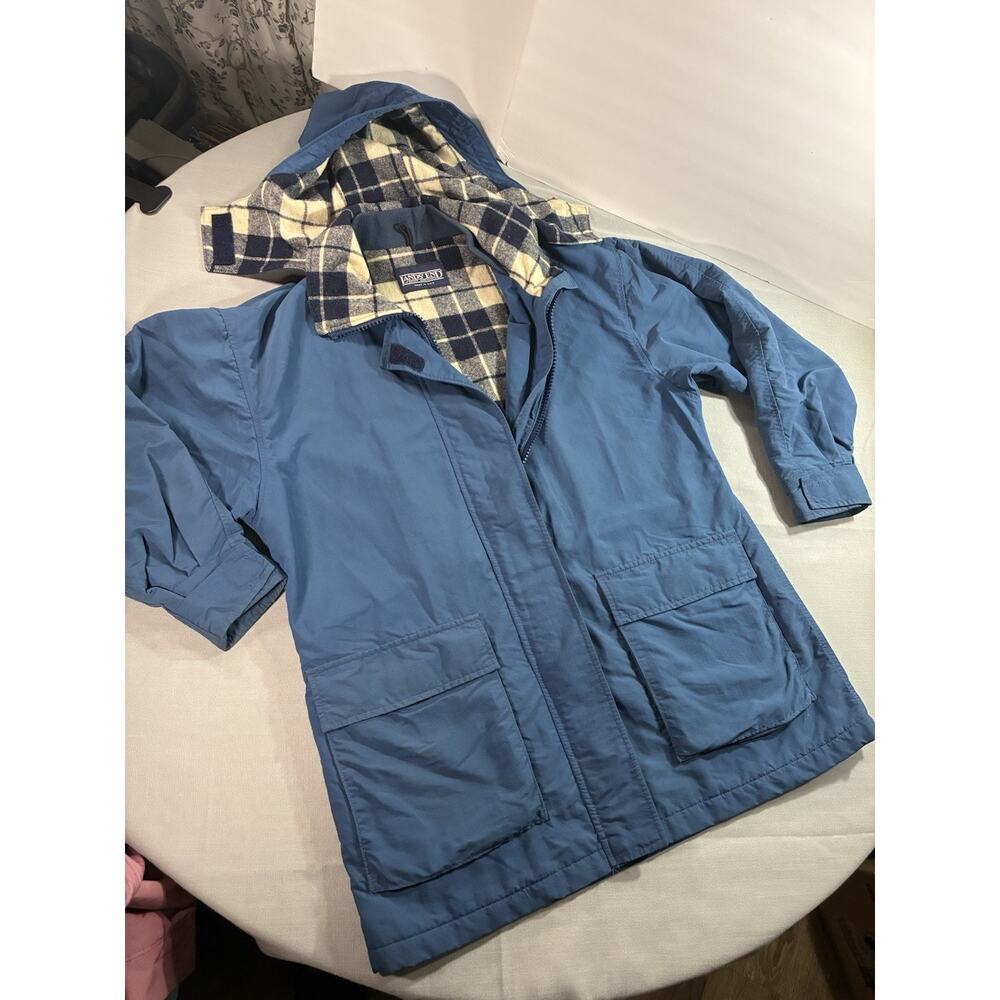 Vintage Lands End Hooded Jacket Mens Large Blue Plaid Lined Made USA